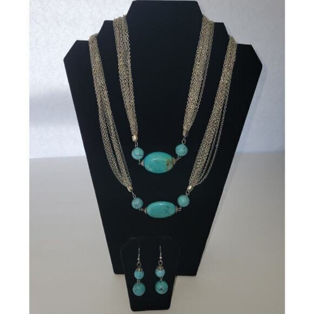 Double layered Turquoise Bead Necklace Chunky Beaded Hook Earrings Dyed Howlite